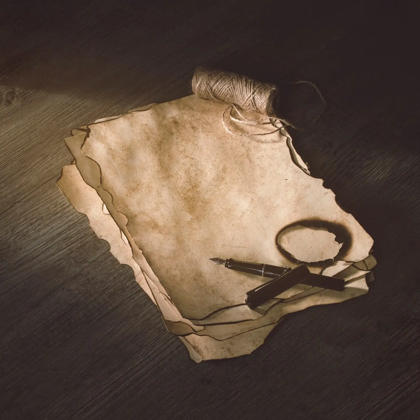 Tintenstift und Leinenfaden auf verbranntem Papier